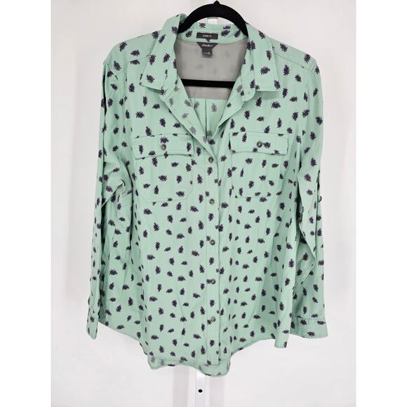 Eddie Bauer Womens Sz XL Long Sleeve Button Up Nylon Shirt Mint Pinecone Print - Picture 1 of 3